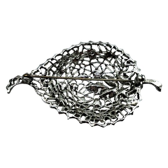 Vintage Rhinestone Leaf Brooch Domed Pin Pink Aurora Borealis Costume Jewelry - Picture 6 of 8